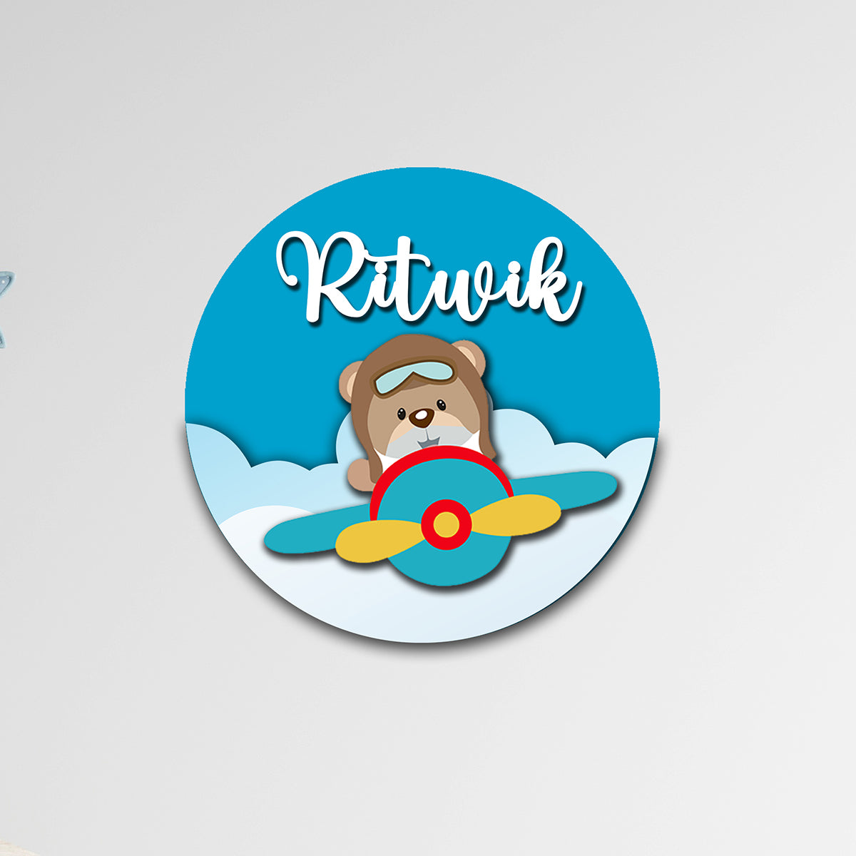 Kids Name Plate 2 Layer - Teddy Bear on Plane