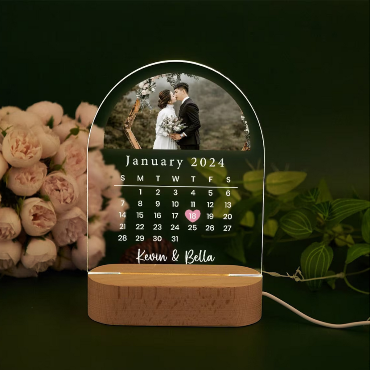 Customised LED Acrylic Night Lamp - Picture with wedding date